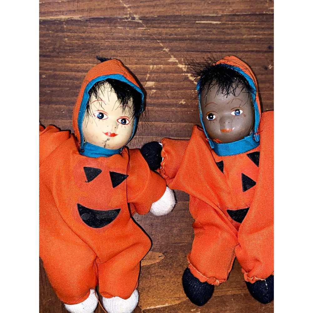 Vintage Bisque Sandbag Dolls/ Sitting Shelf Babies Pumpkin Costume Halloween Lot